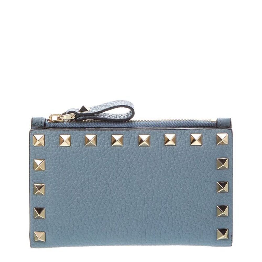Valentino Rockstud Leather Card Case, Grey